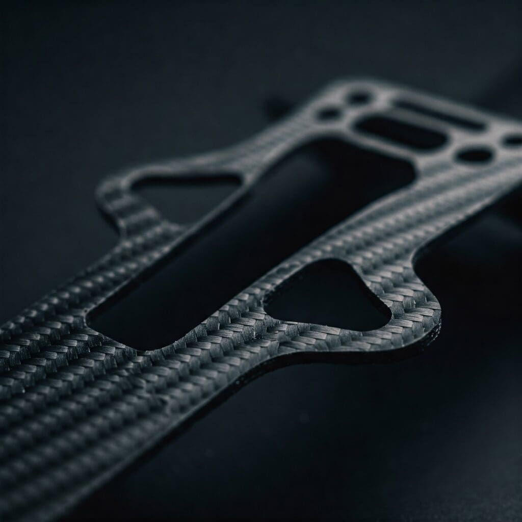 A close up view of a carbon fiber sheet that has been cut to shape by a CNC router