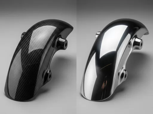 Two versions of a motorcycle fender, one made from carbon fiber and the other from aluminum