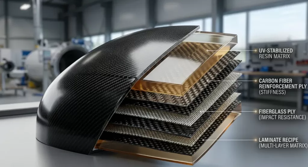 Composite part with cutaway view of different materials that make it up