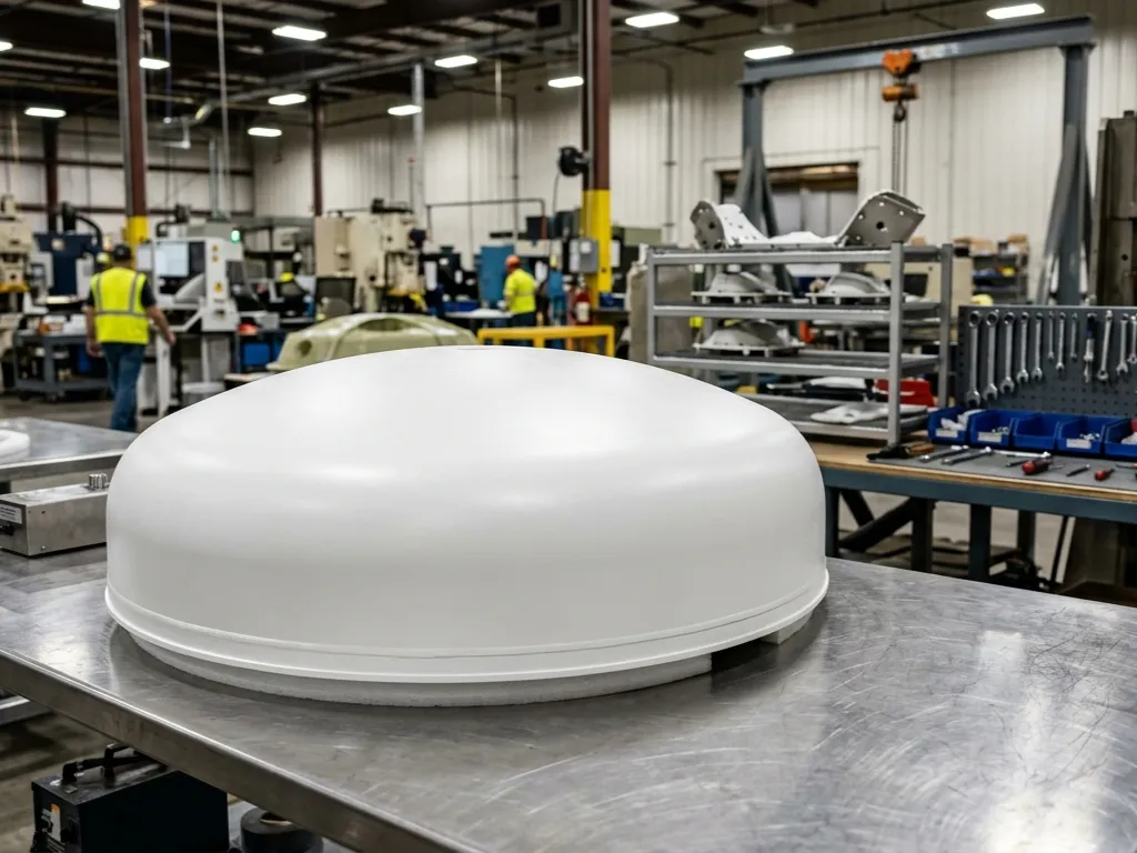 A white radome on top of a table in a factory