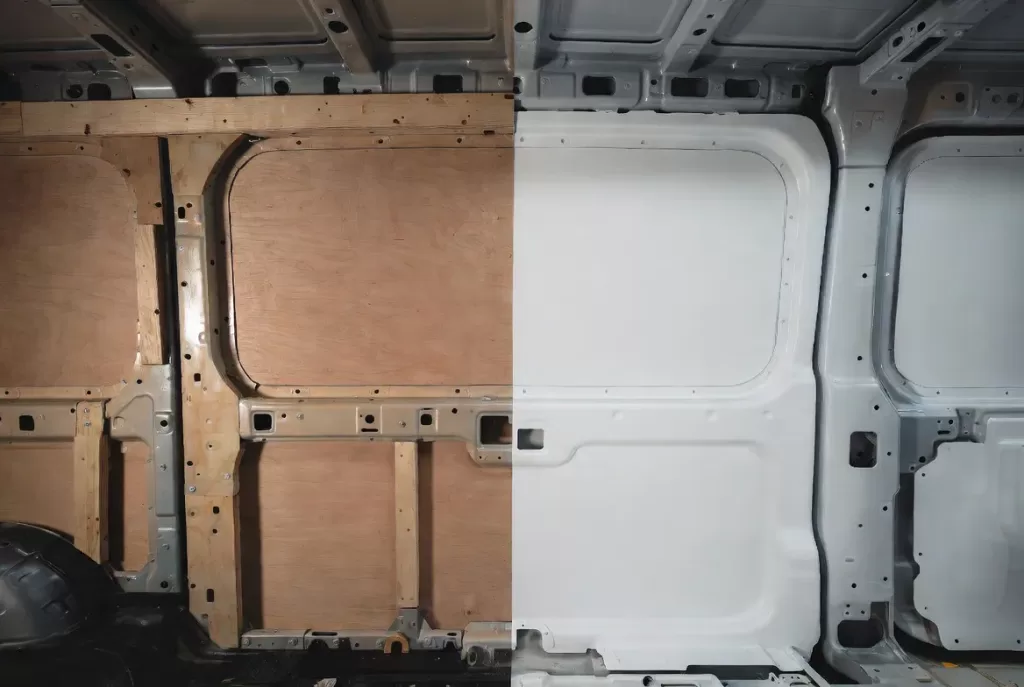 Split view inside a camper van chassis under construction, comparing a heavy raw plywood wall on the left to a smooth, lightweight matte-white composite fiberglass panel on the right that perfectly contours to the vehicle frame.