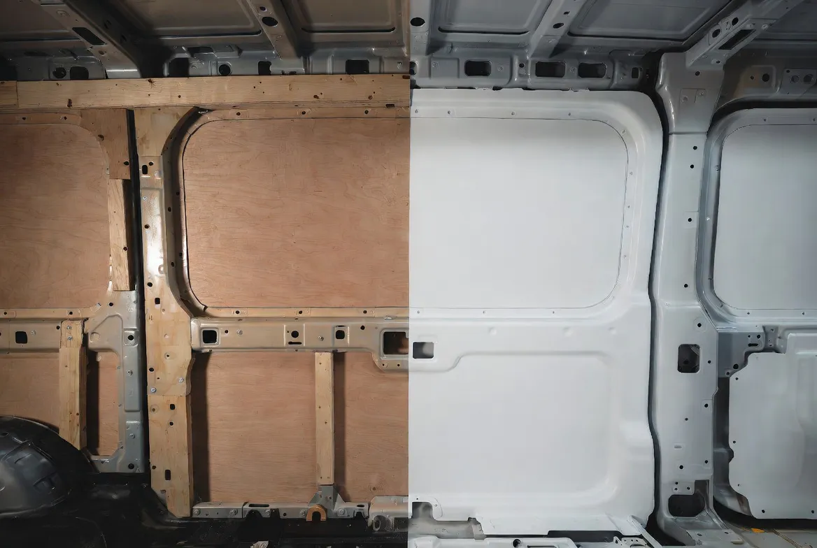 Split view inside a camper van chassis under construction, comparing a heavy raw plywood wall on the left to a smooth, lightweight matte-white composite fiberglass panel on the right that perfectly contours to the vehicle frame.