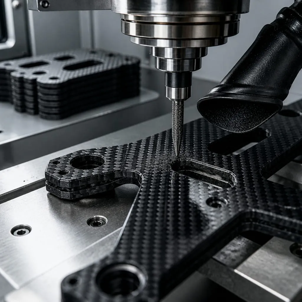 Close-up of an industrial CNC router precision cutting a UAV drone arm component from a thick sheet of multi-layer carbon fiber plate with crisp, clean edges.